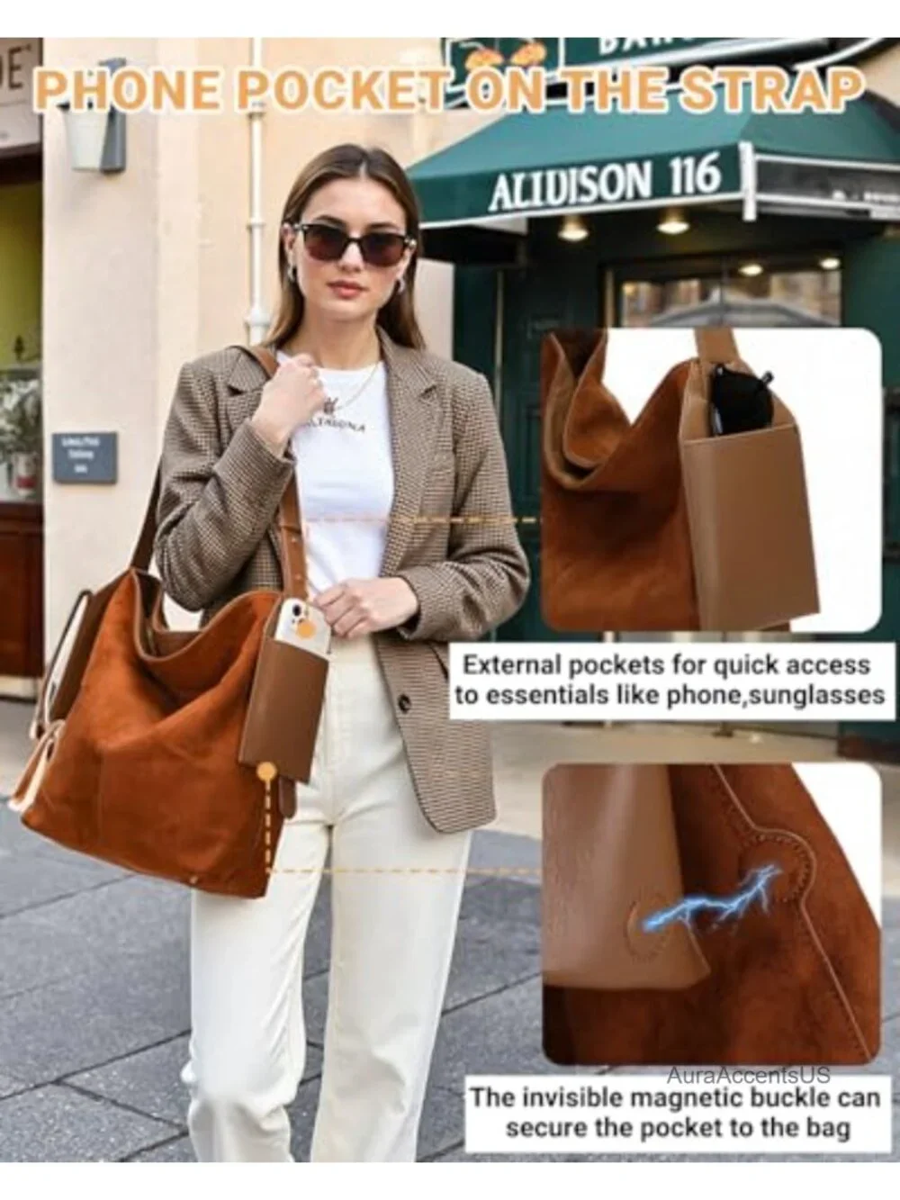 Soft Slouchy Suede Leather Hobo Shoulder Bag for Women, Faux Suede Vegan Leather